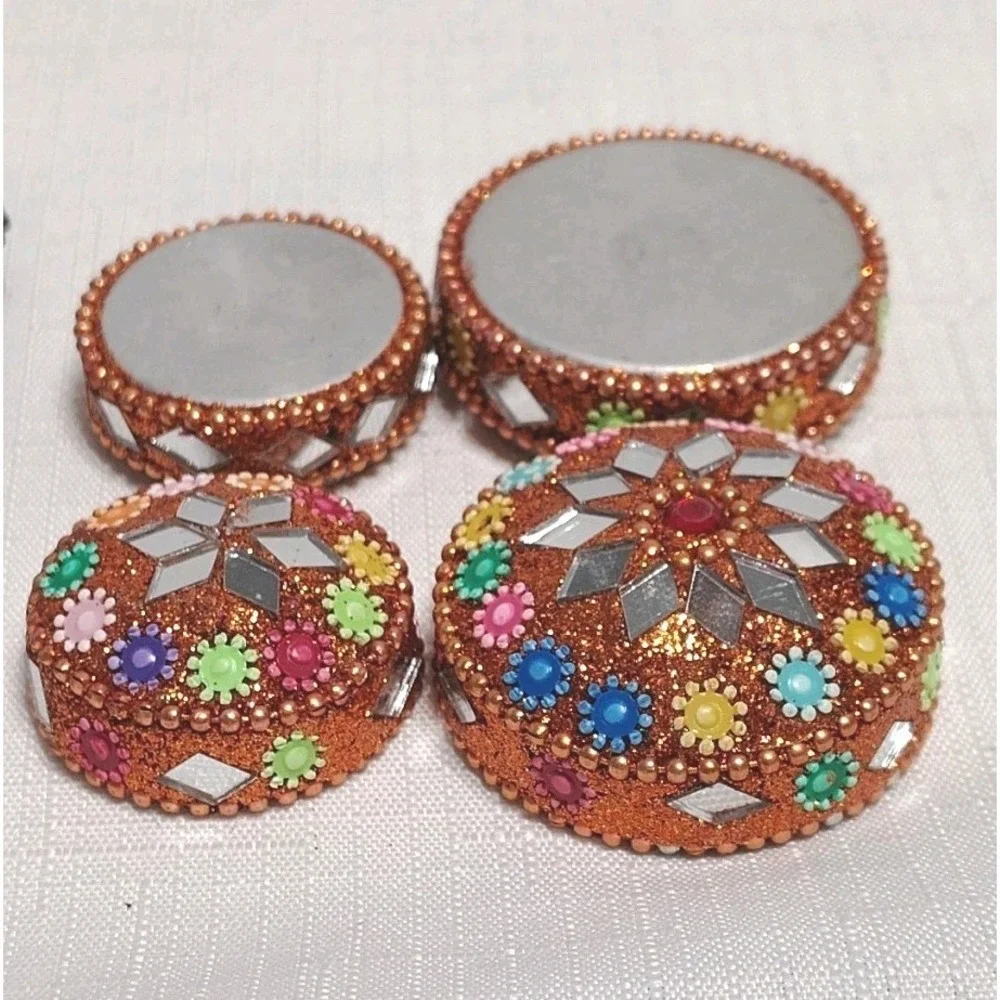 Hand Made Mosaic Beaded Bejeweled Tin And Wood Jewelry Trinket Boxes Lot Of 3